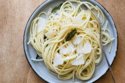Teller mit Spaghetti mit Salbeibutter auf Holztisch