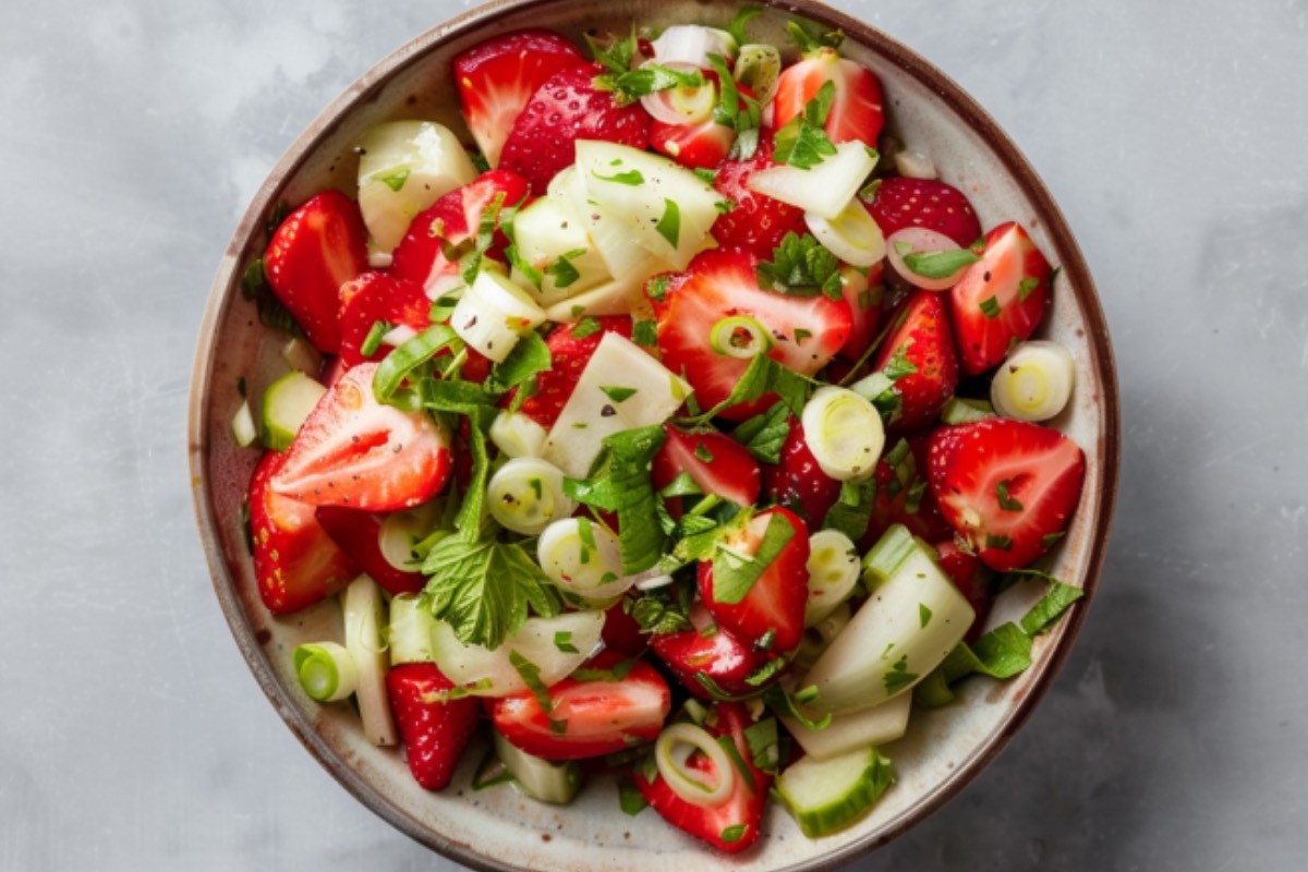 Eine Schüssel Kohlrabi-Erdbeer-Salat in der Draufsicht.