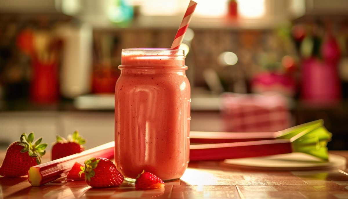 Glas mit Erdbeer-Rhabarber-Smoothie auf einem Tisch, Rhabarber und Erdbeeren daneben.