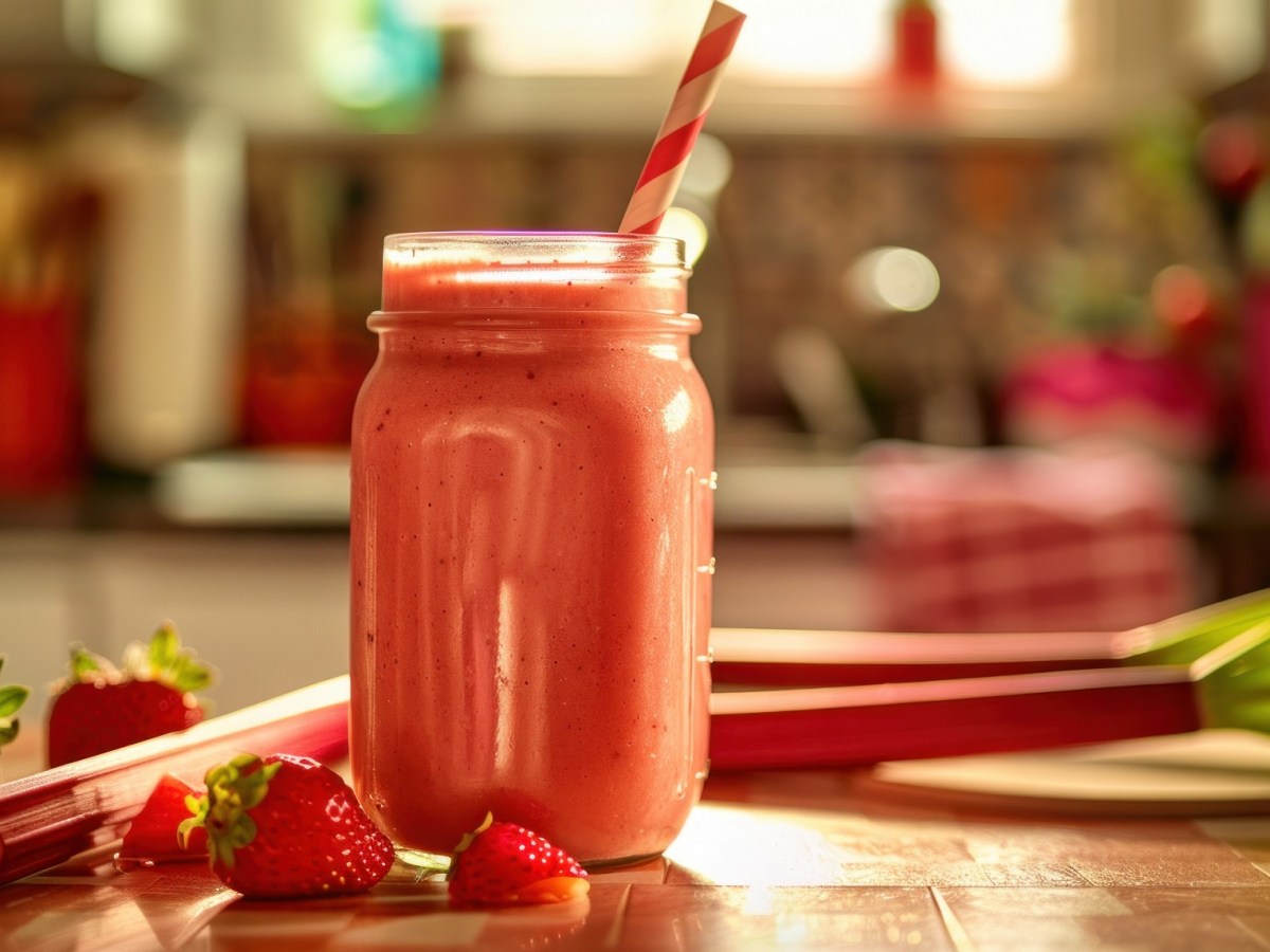 Glas mit Erdbeer-Rhabarber-Smoothie auf einem Tisch, Rhabarber und Erdbeeren daneben.