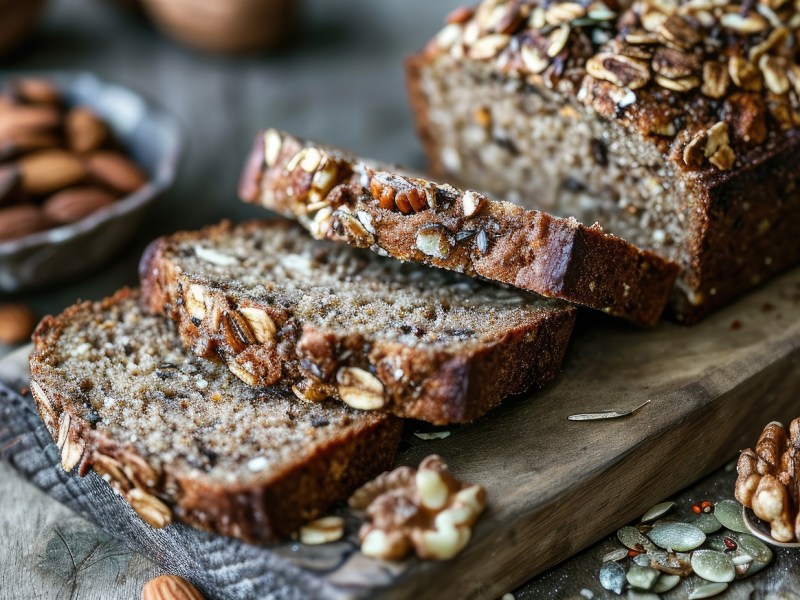 Ein Brett mit einem angeschnittenen Saaten-Brot.