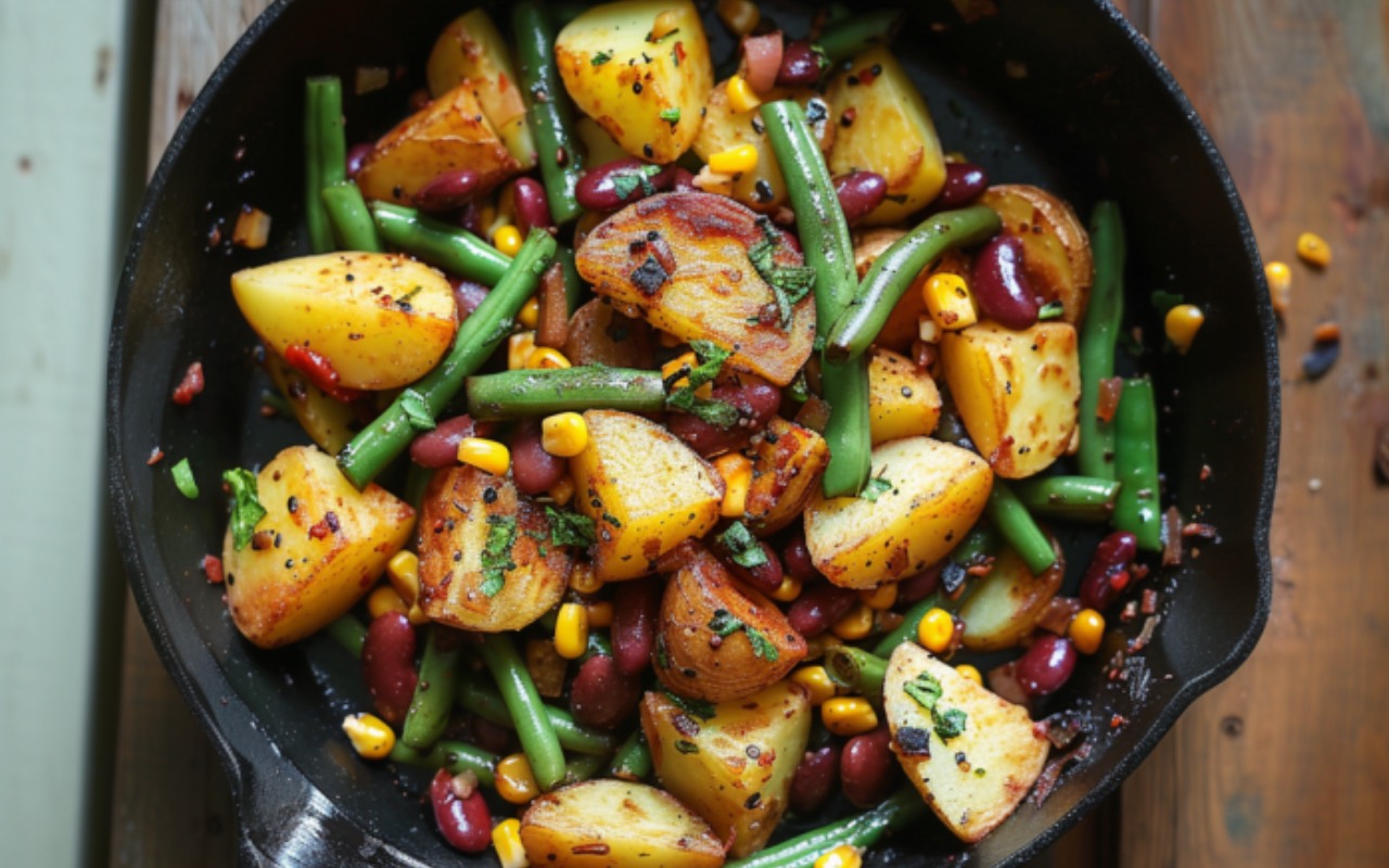 Westernpfanne mit Kartoffelspalten, Bohnen und Mais - Leckerschmecker