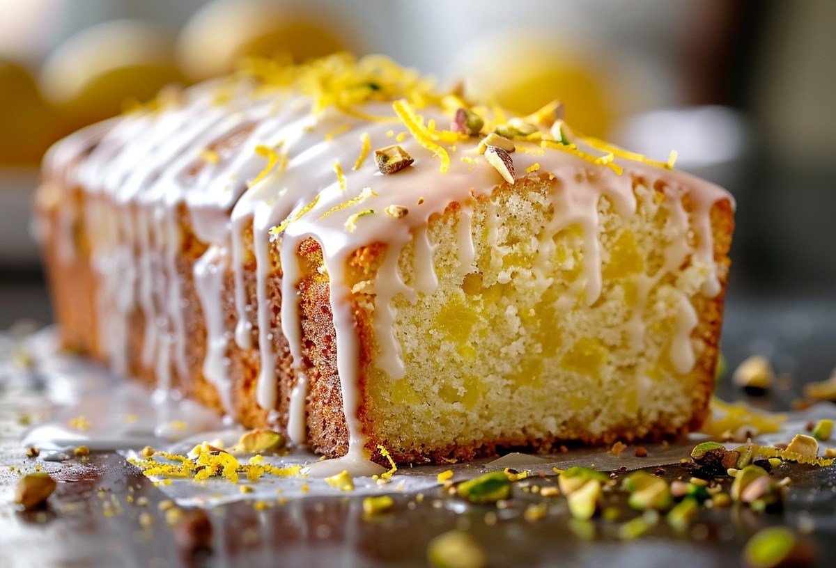 Kokos-Zitronen-Kuchen mit Zuckerguss, Zitronenabrieb und Pistazien garniert.