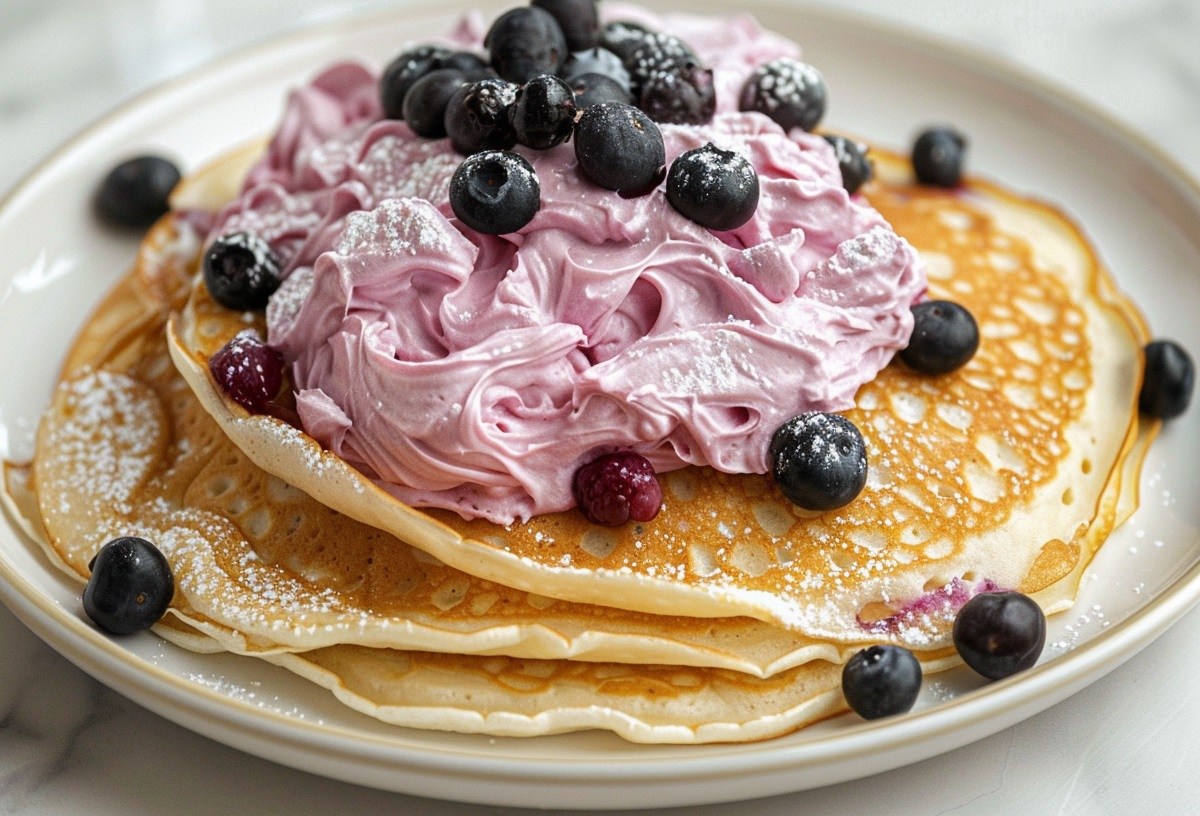 ein paar Pfannkuchen mit Blaubeercreme auf einem Teller, garniert mit frischen Blaubeeren und Puderzucker.
