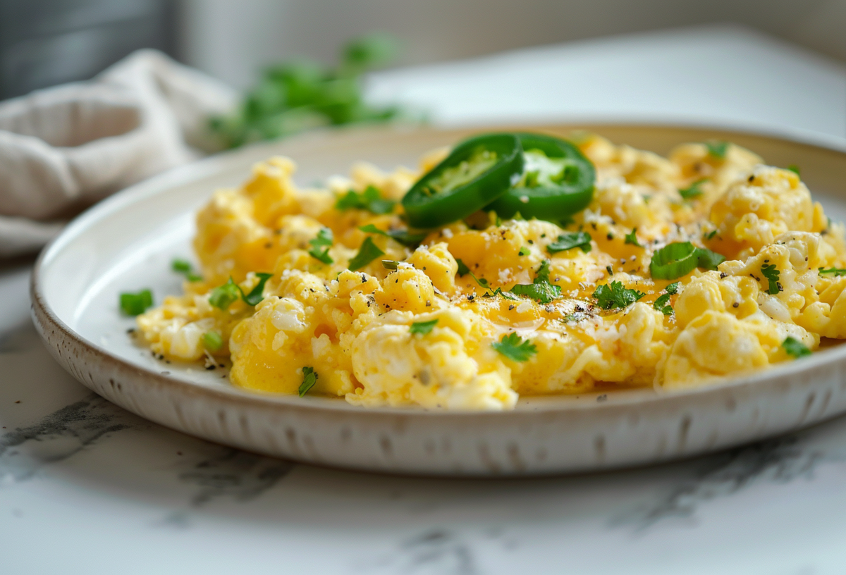 Chili Cheese Rührei auf einem weißen Teller, garniert mit Jalapeños.
