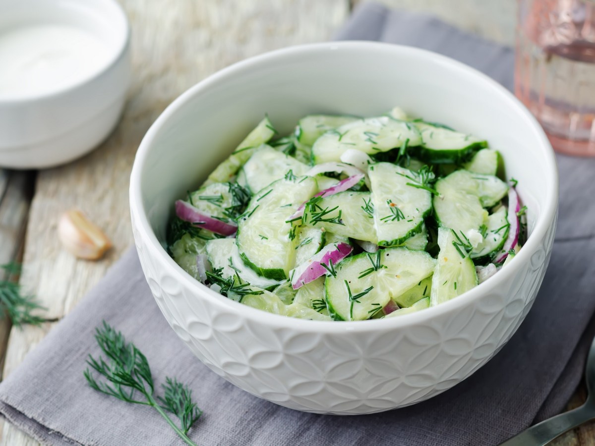 Eine weiße Schüssel mit Holsteiner Gurkensalat mit Dill und Schalotten, daneben eine Schüssel Joghurt. Nahaufnahme.