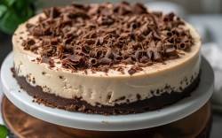 Ein Baileys-Cheesecake mit Schokoraspeln.