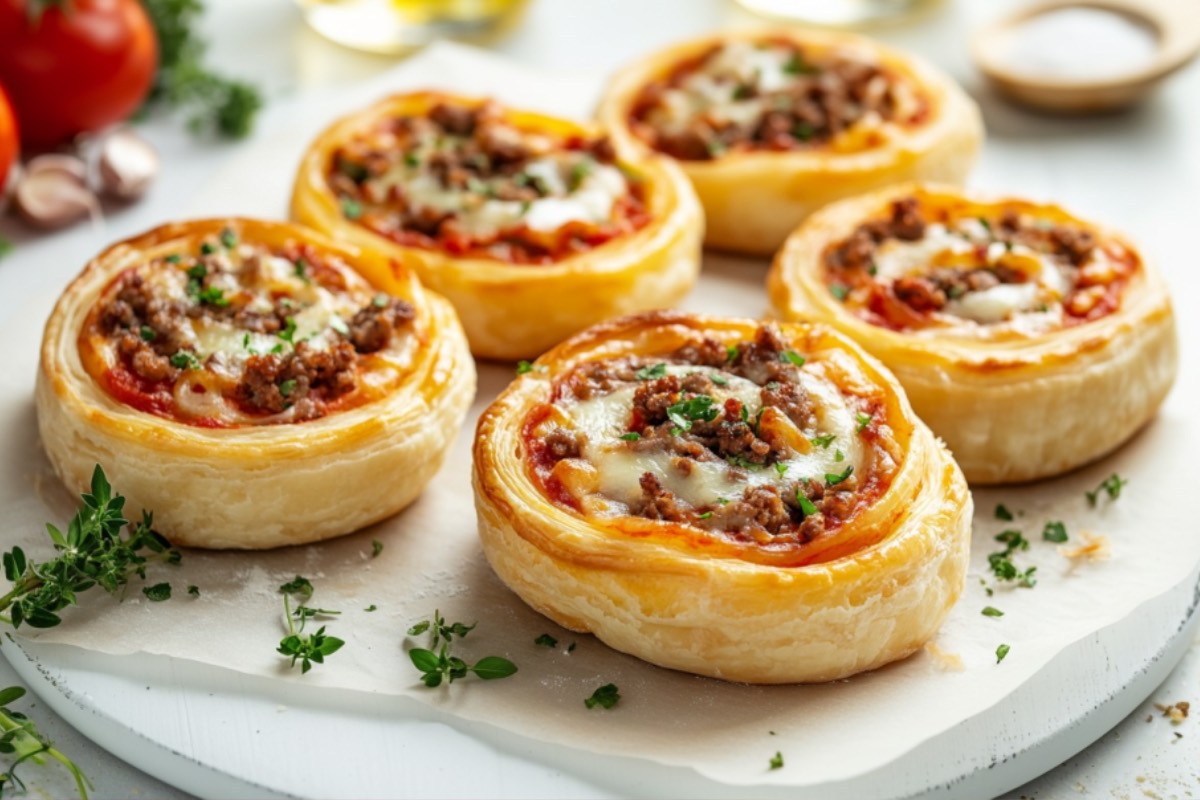 5 Hackfleisch-Blätterteig-Schnecken auf einem Brett.