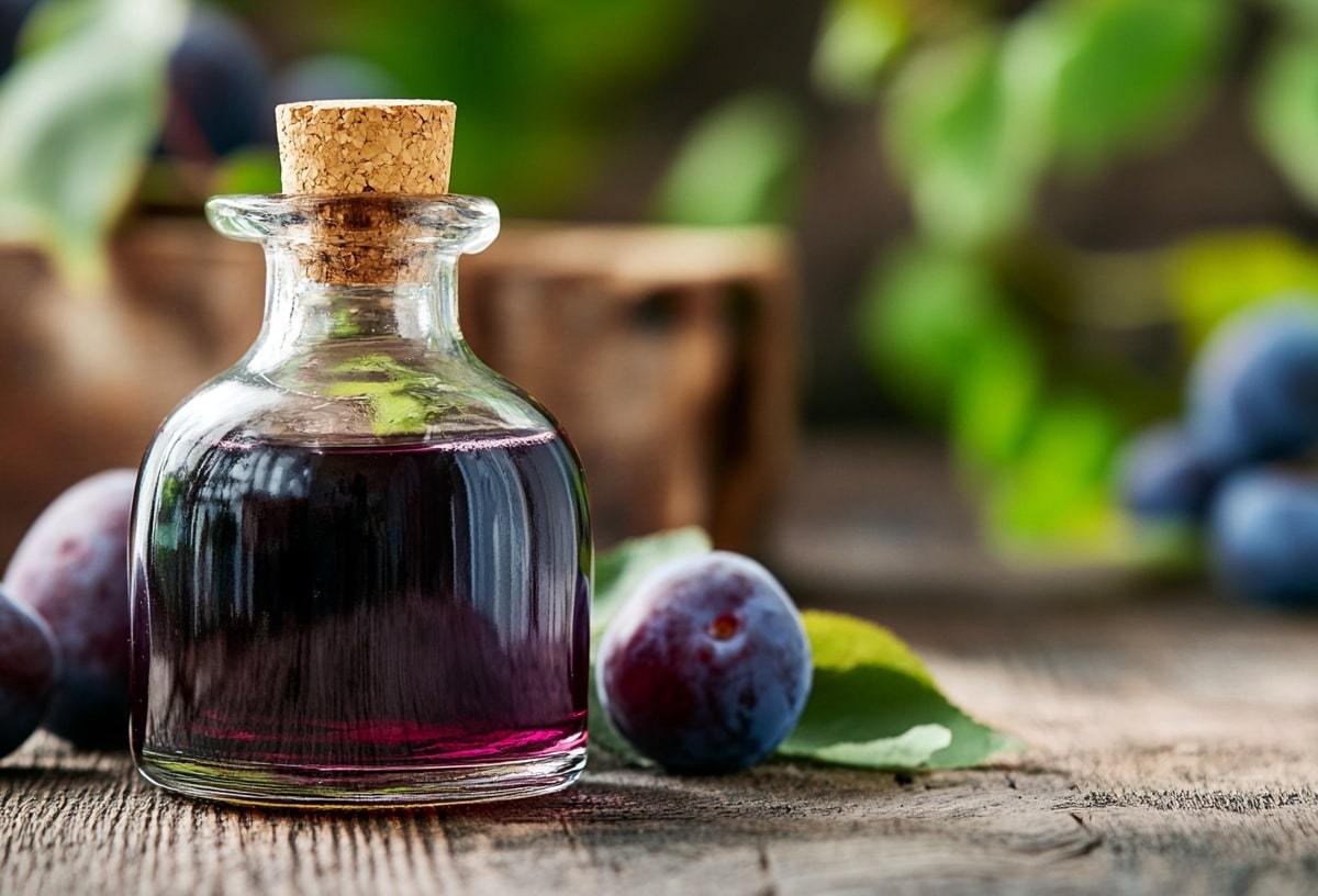 Pflaumensirup in einem Korkenglas.