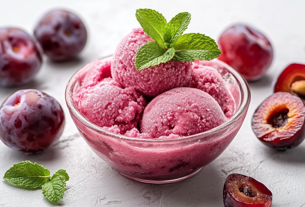 Einige Kugeln Pflaumensorbet in einer Glasschüssel. Daneben liegen mehrere Pflaumen, einige davon durchgeschnitten