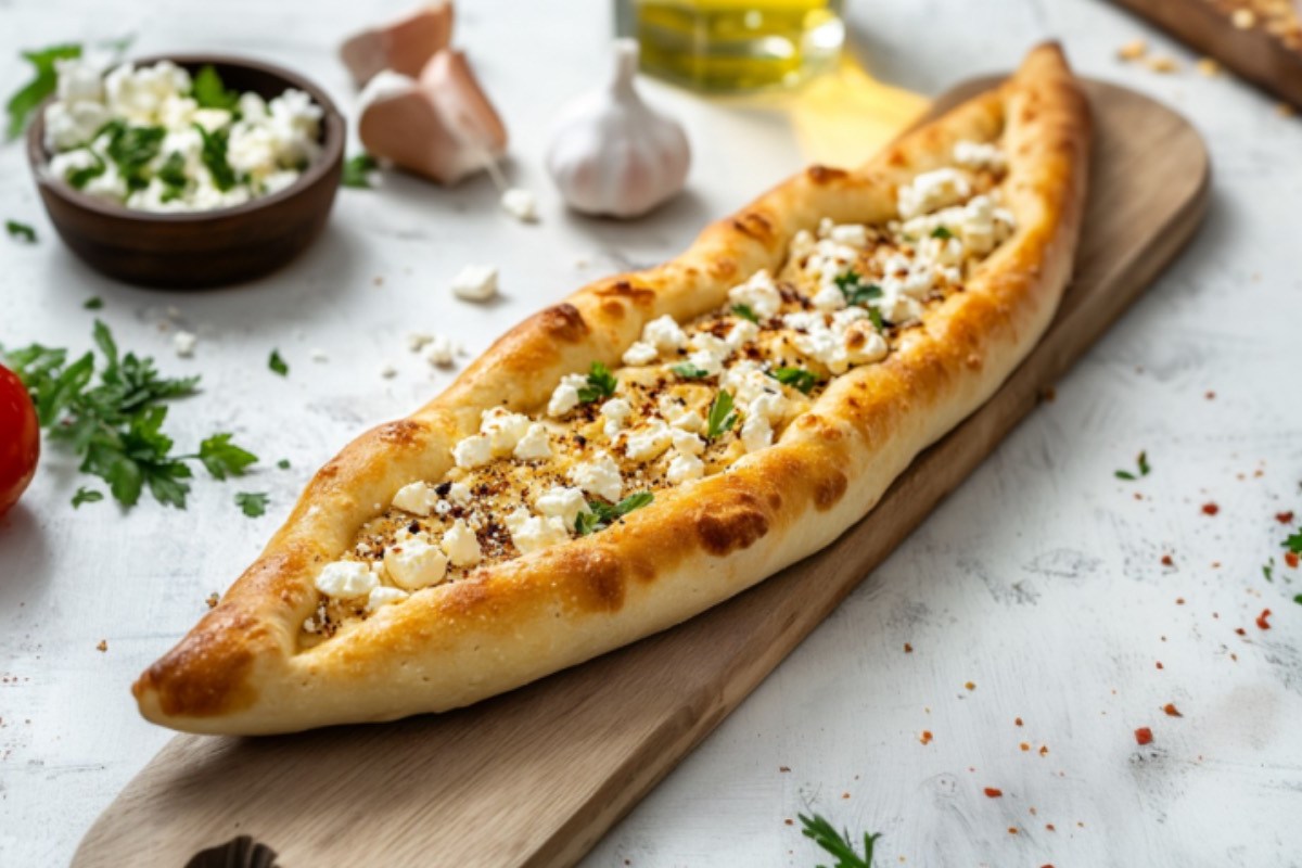 Ein Pide mit Feta auf einem Holzbrett.