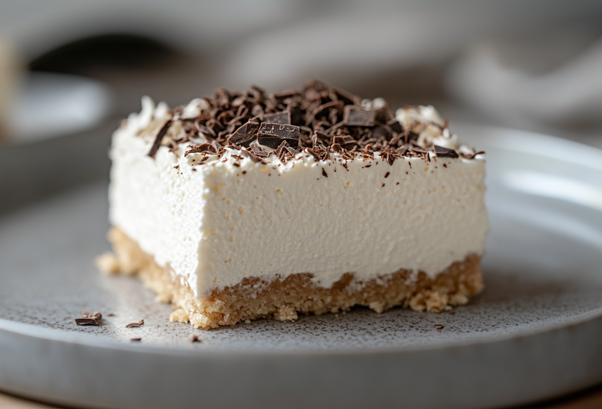 Ein Stück Schaumkuchen mit Paradiescreme vom Blech auf einem grauen Teller.
