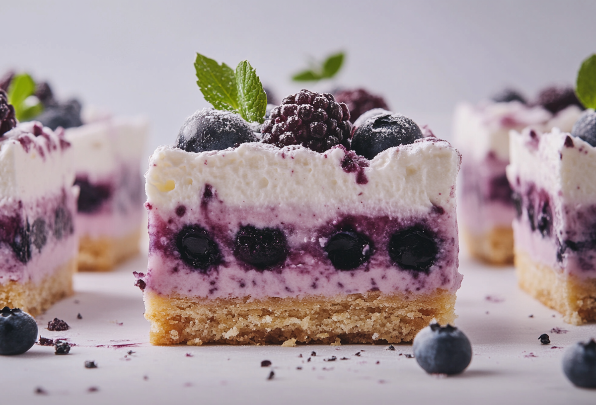 Blaubeer-Zitronen-Schnitten mit Biskuit, Blaubeer- und weißer Creme, garniert mit Beeren.