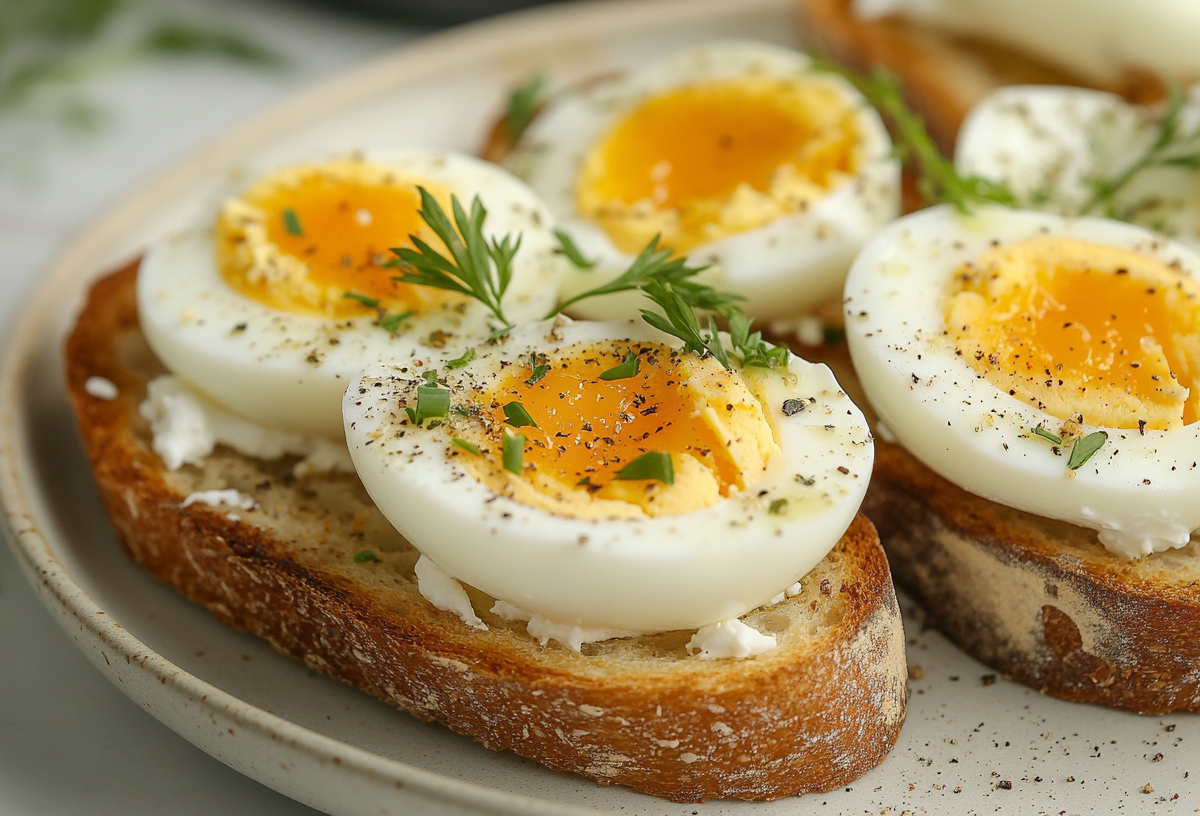 2 Ei-Toasts mit Joghurt-Frischkäse-Aufstrich auf einem Teller, mit Kräutern bestreut.