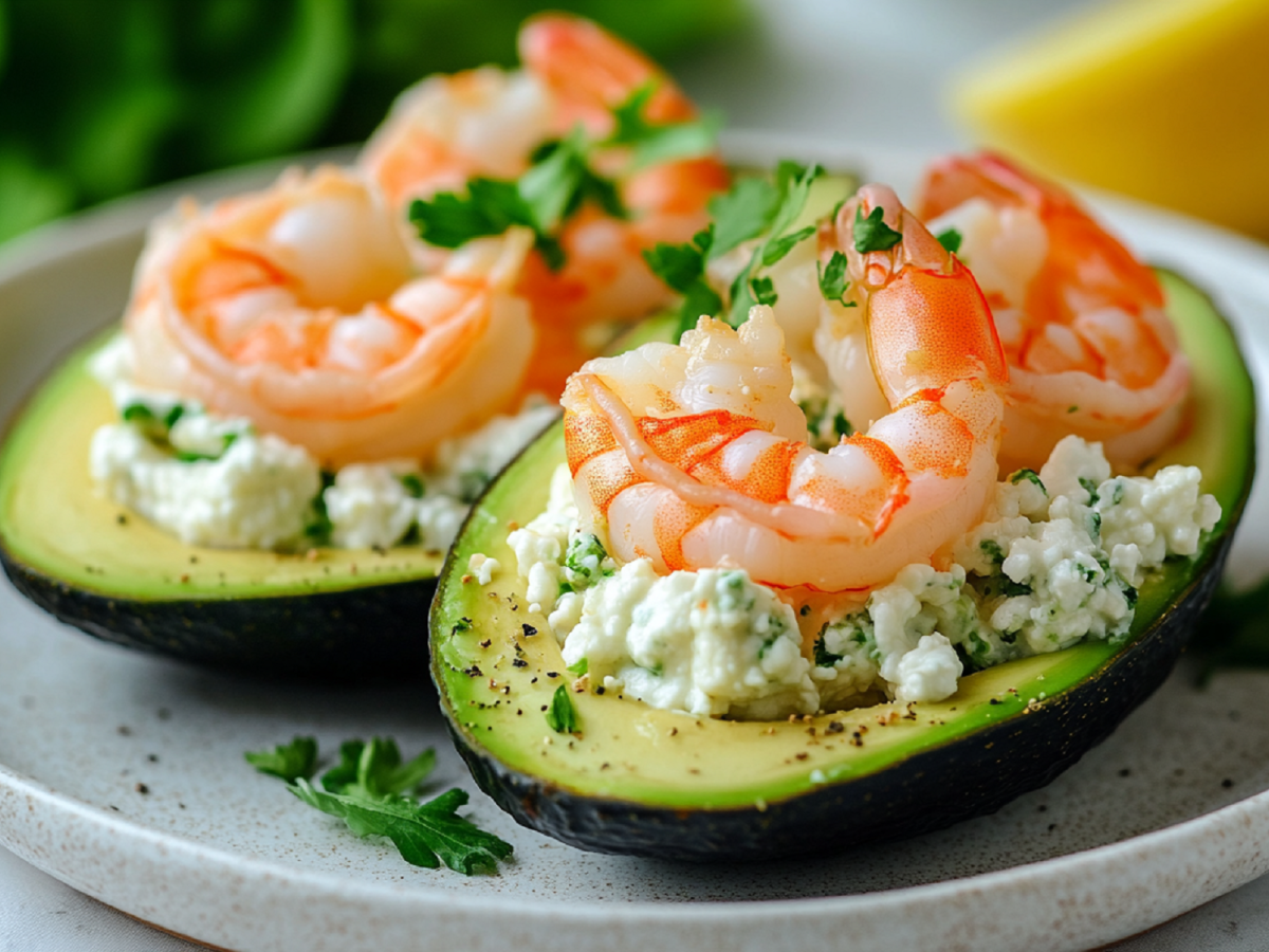 Deluxe-Frühstück: gefüllte Avocado mit Hüttenkäse und Garnelen