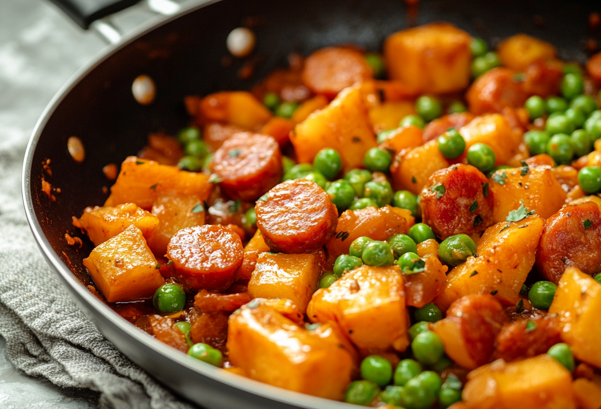Kürbis-Erbsen-Pfanne mit Chorizo, Nahaufnahme.
