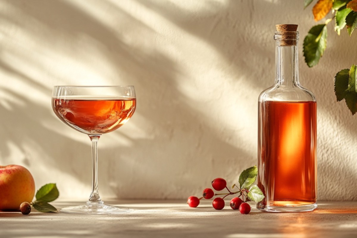 Eine Flasche und ein Glas mit Apfel-Hagebutten-Likör. Daneben frische Äpfel und Hagebutten.