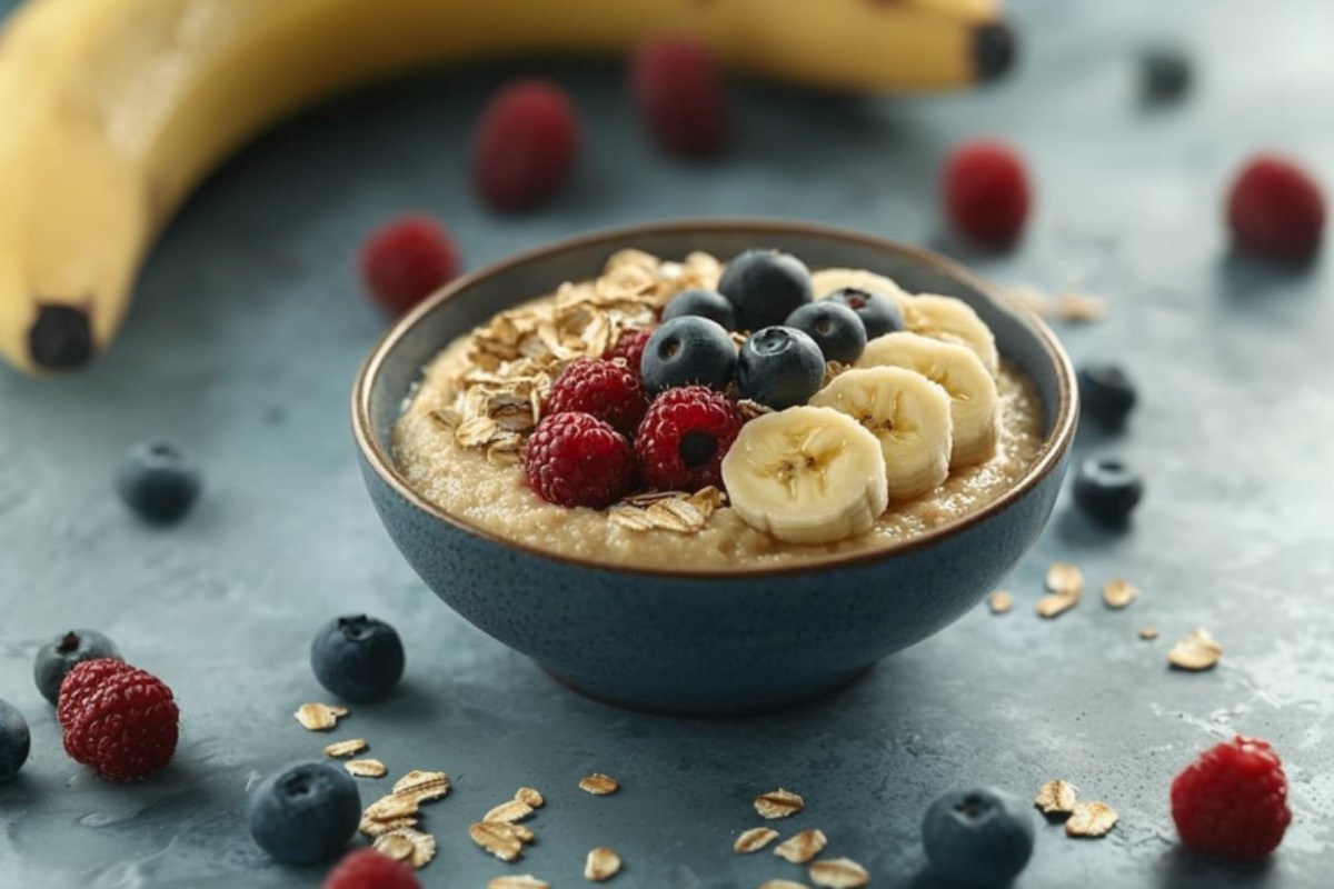 Eine Schale mit Bananen-Grießpudding. Drumherum liegen frische Beeren und Bananen.