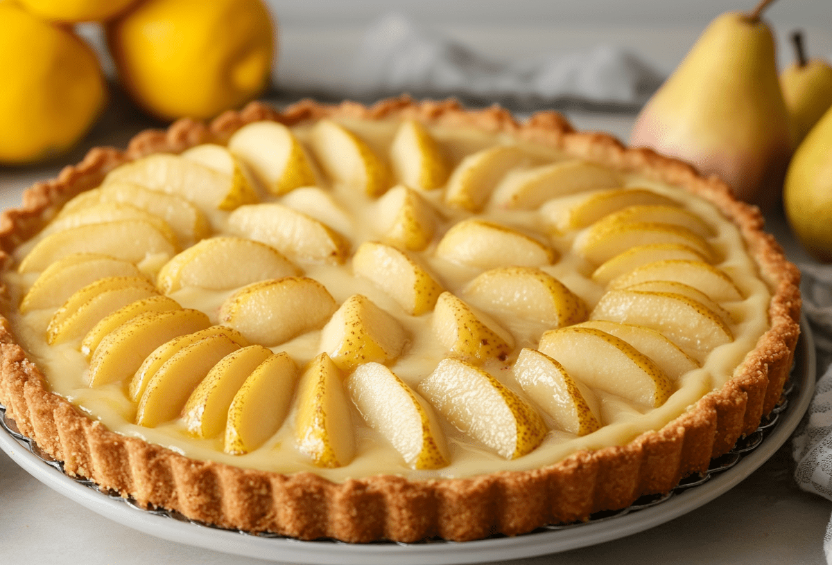 Birnen-Pudding-Kuchen auf einem Kuchentablett. Drum herum liegen Birnen.