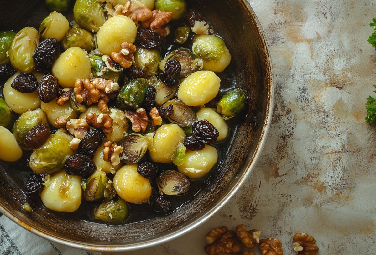 Eine Gnocchi-Rosenkohl-Pfanne in der Draufsicht.