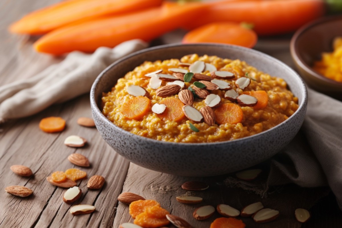 Eine Schüssel Karotten-Porridge. Drumherum frische Zutaten.