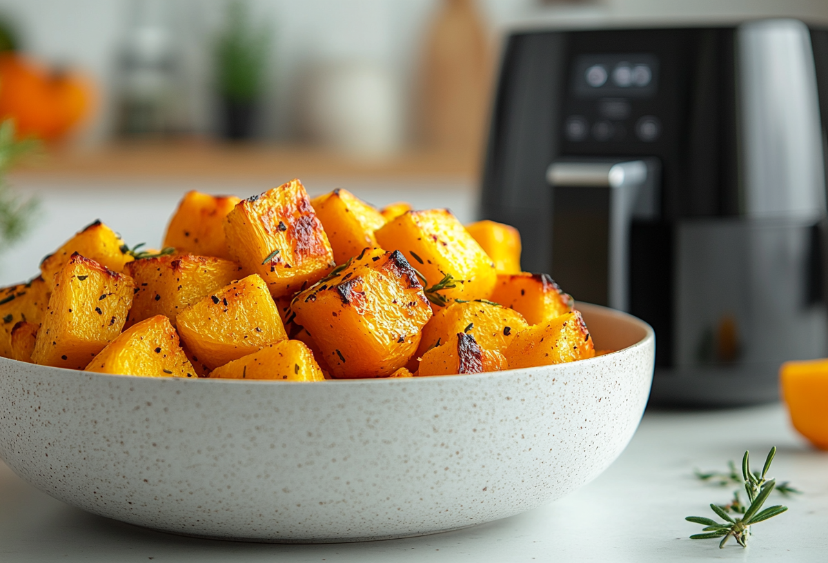 Eine Schüssel Kürbis aus dem Airfryer, dahinter unscharf zu erkennen eine Heißluftfritteuse.