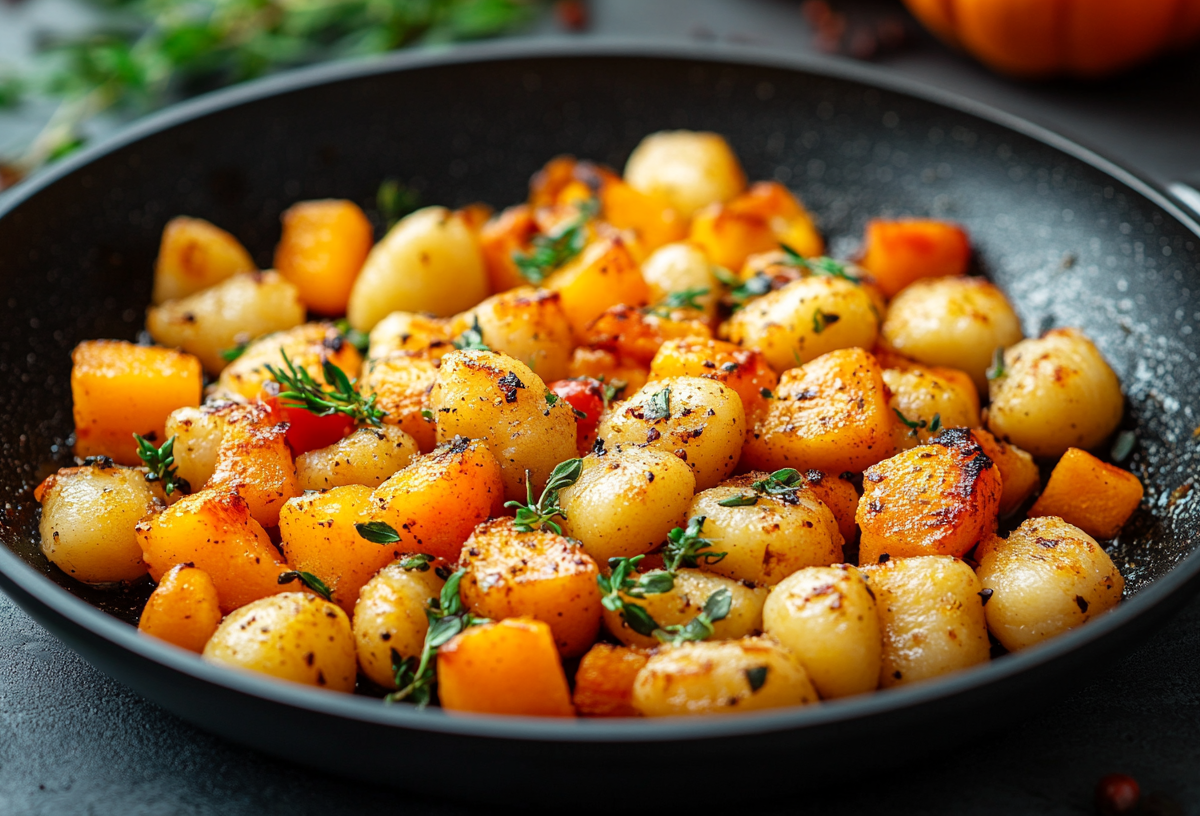 Kürbis-Gnocchi-Pfanne mi Kräutern in einer Pfanne.