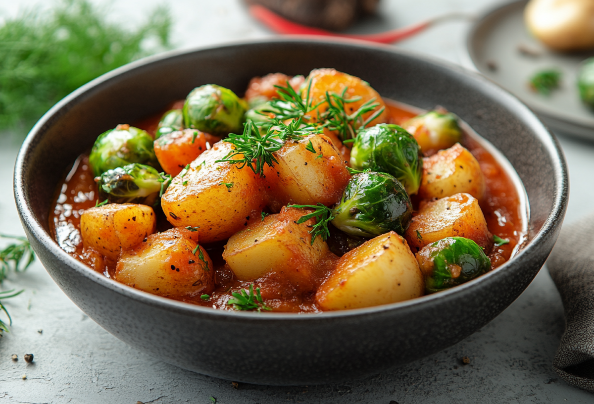 Eine Schüssel Rosenkohl-Kartoffel-Gulasch garniert mit Kräutern.