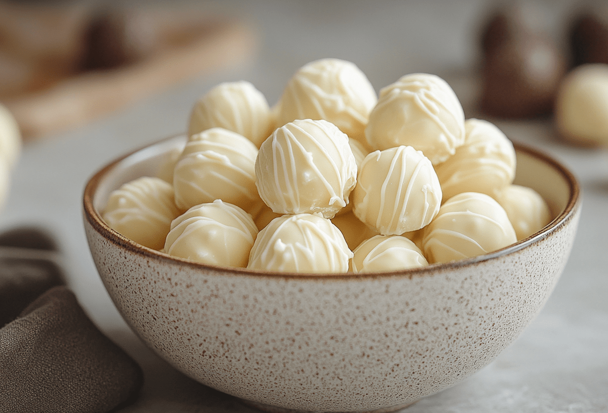 Eine Schüssel Bratapfel-Pralinen mit Schokolade verziert.