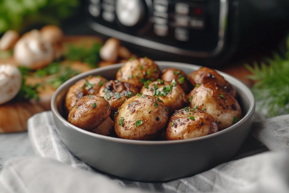 Champignons aus der Heißluftfritteuse in einer Schale. Im Hintergrund ist die Heißluftfritteuse zu sehen.