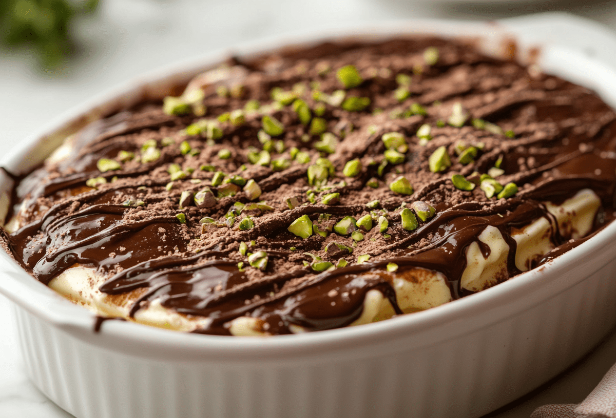 Dubai-Schokolade-Tiramisu in weißer ovaler Auflaufform, garniert mit Schokolade und Pistazien.