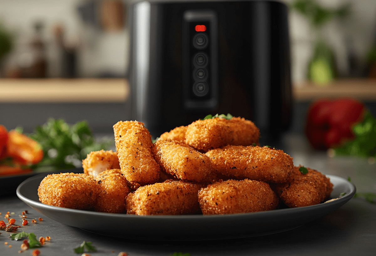 Fischstäbchen aus der Heißluftfritteuse auf einem Teller. Dahinter steht ein Airfryer.