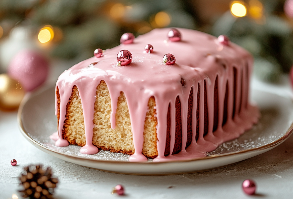 Ein Glühweinkuchen mit pinkem Zuckerguss und Zuckerperlen uf einem Teller, drumherum Weihnachtsdeko.
