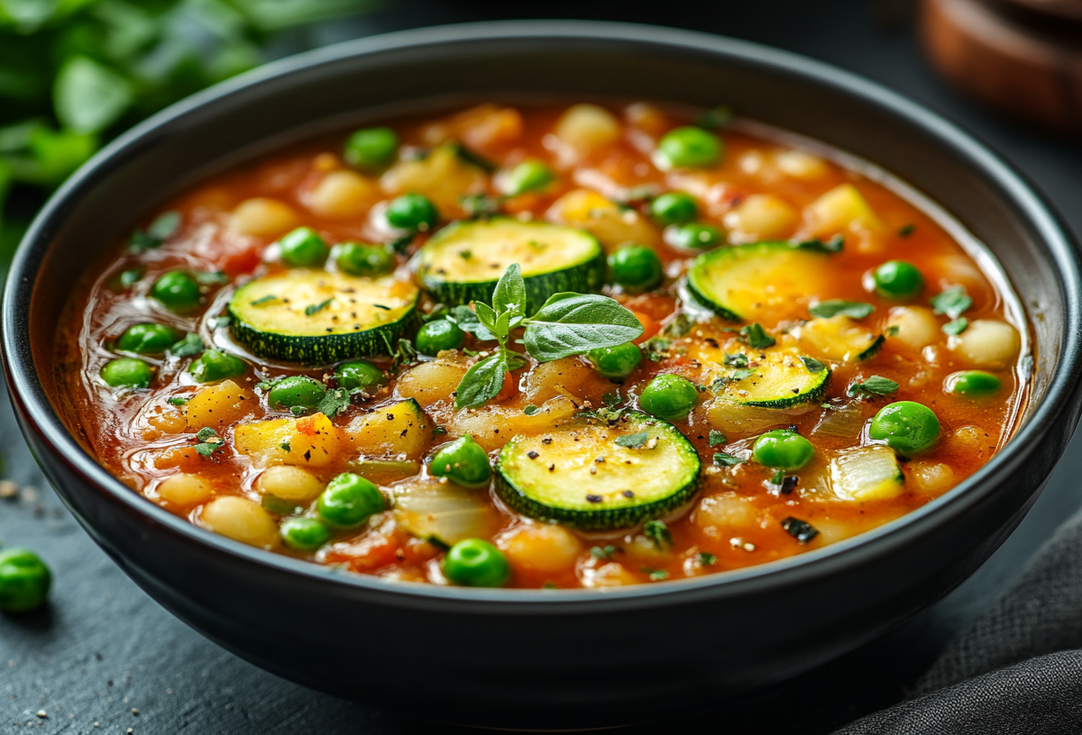 Eine Schüssel Kichererbsensuppe mit Zucchini, Erbsen und Kräutern.