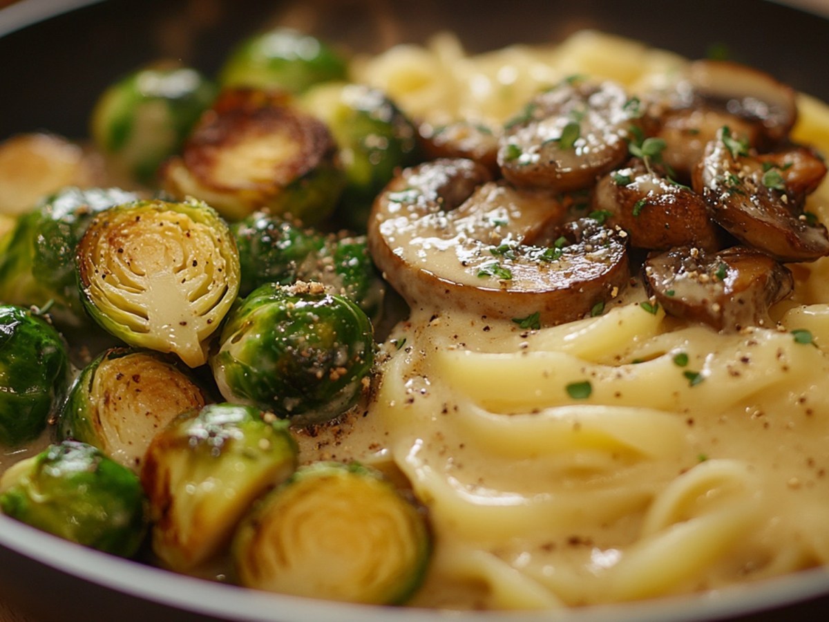 Teller mit Nudeln mit Rosenkohl-Champignon-Soße