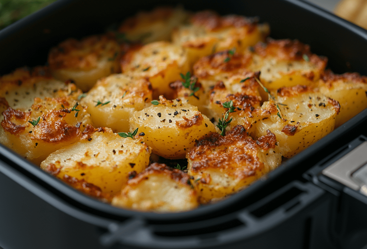 Quetschkartoffeln im Airfryer-Korb mit Parmesan und Kräutern. Nahaufnahme