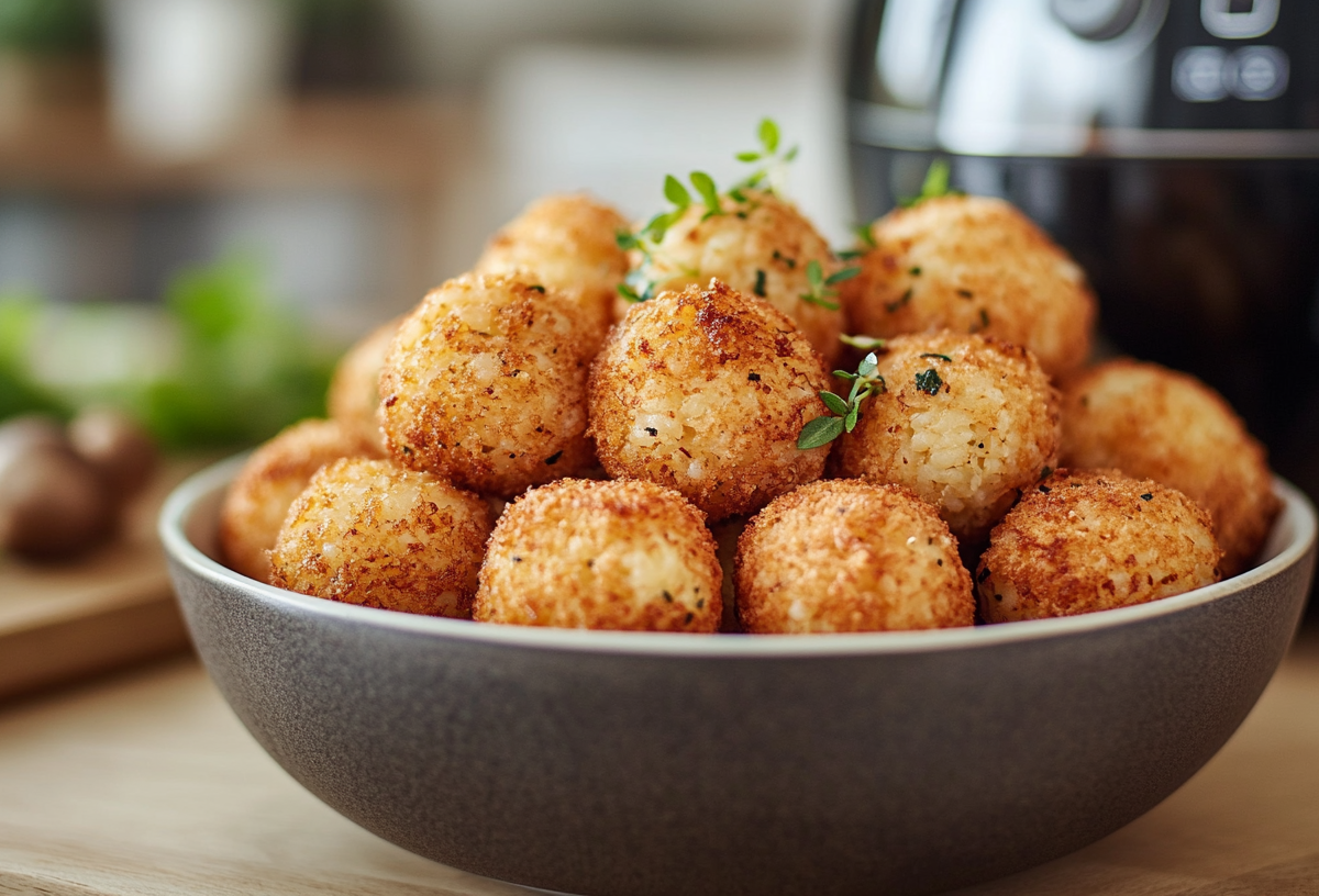 Eine Schale mit Arancini aus der Heißluftfritteuse, im Hintergrund unscharf eine Fritteuse.
