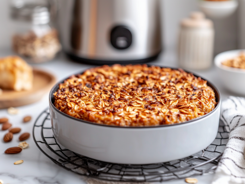 Baked Oats aus der Heißluftfritteuse in einer runden Form-. Im Hintergrund ist ein Airfryer.