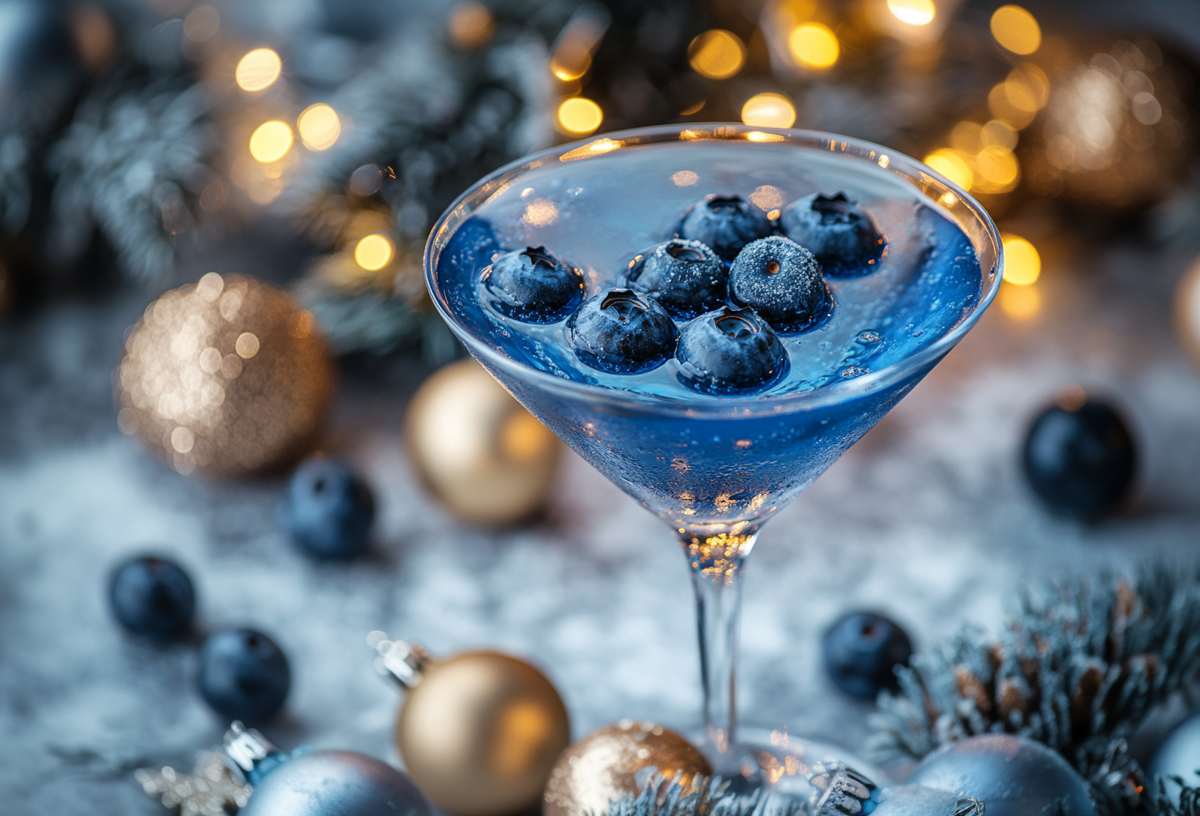 Blaubeer-Martini in einem Glas garniert mit frischen Blaubeeren. Drumherum festliche Deko.