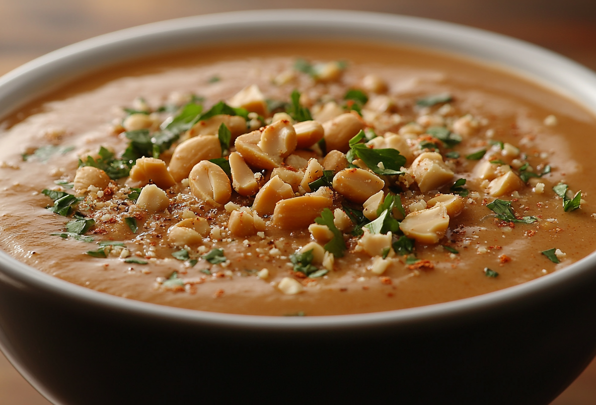 Eine Schüssel Erdnusssuppe, bestreut mit Erdnüssen und gehacktem Koriander.