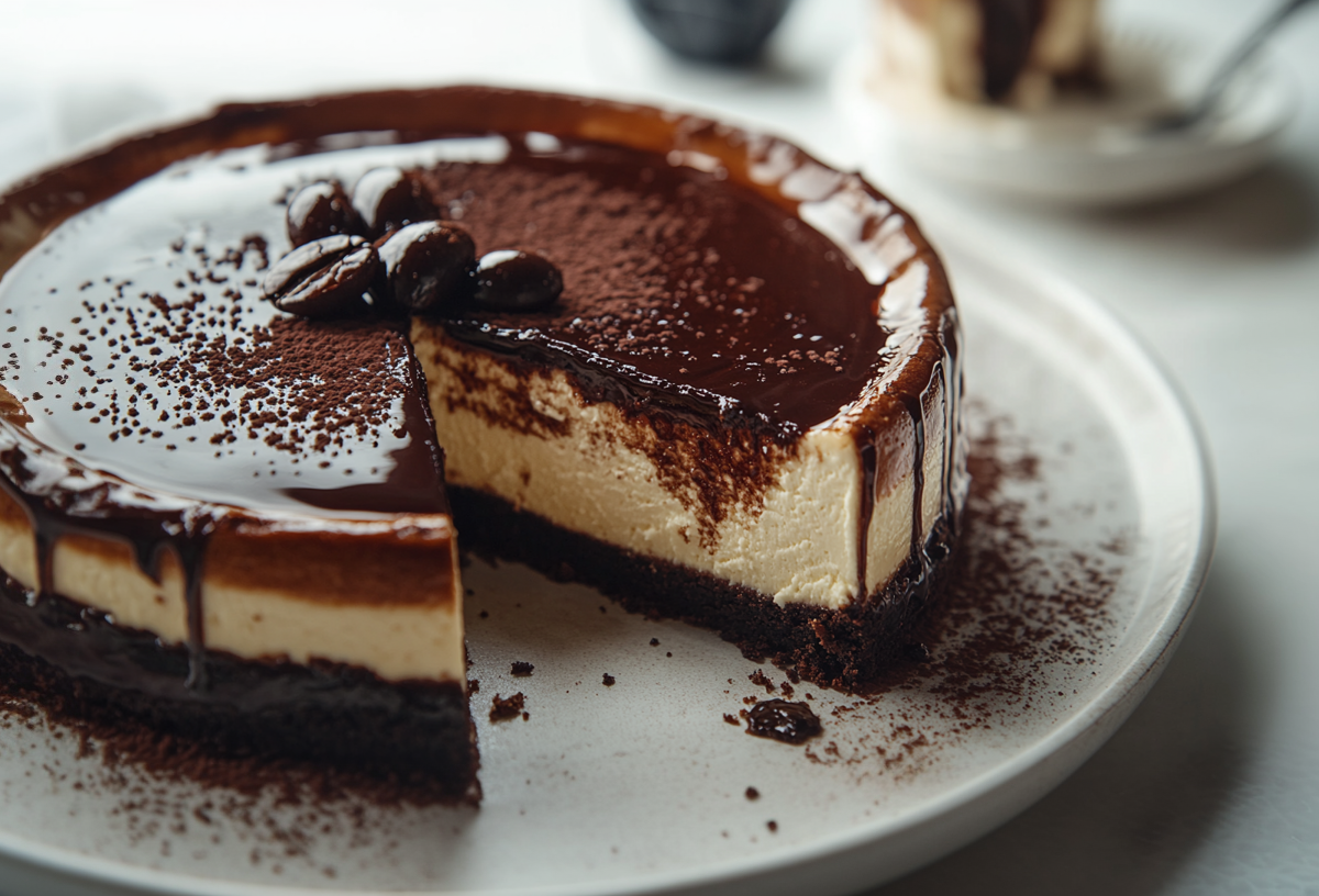 Espresso Martini Cheesecake auf einem Teller. Ein Stück wurde bereits entnommen.