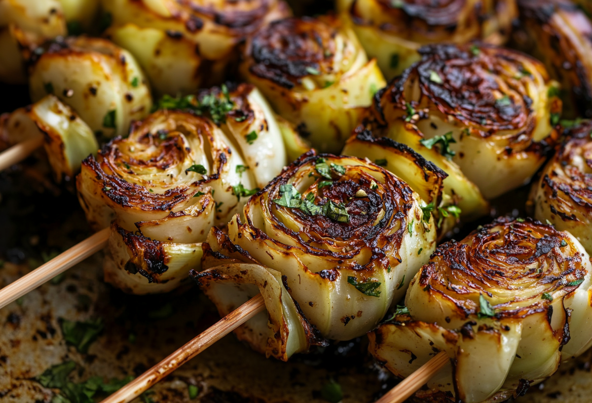 Nebeneinander liegende, gegrillte Kohlspieße.