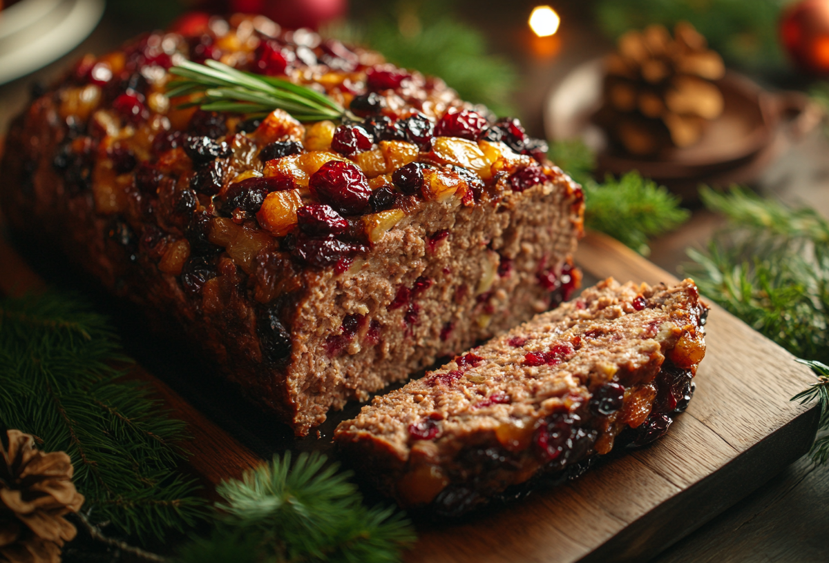Ein angeschnittener Hackbraten mit Cranberrys und Äpfeln, Nahaufnahme.