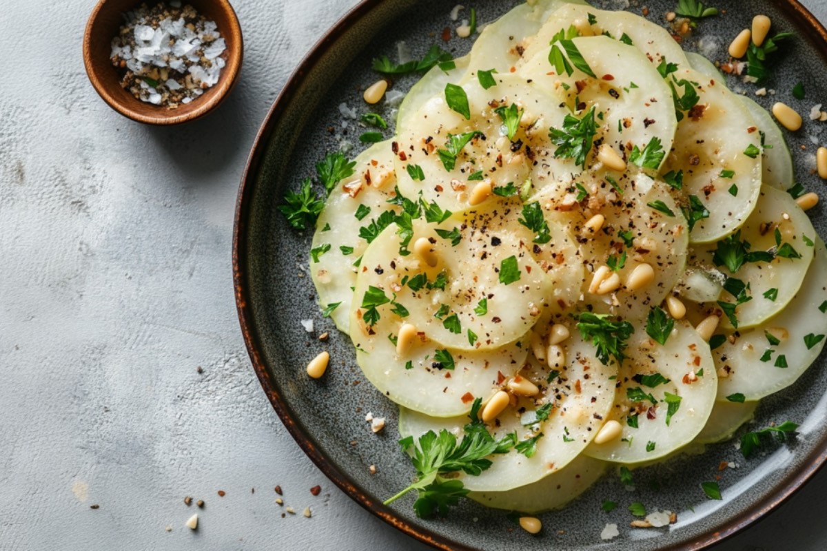 Ein Teller Kohlrabi-Carpaccio in der Draufsicht.