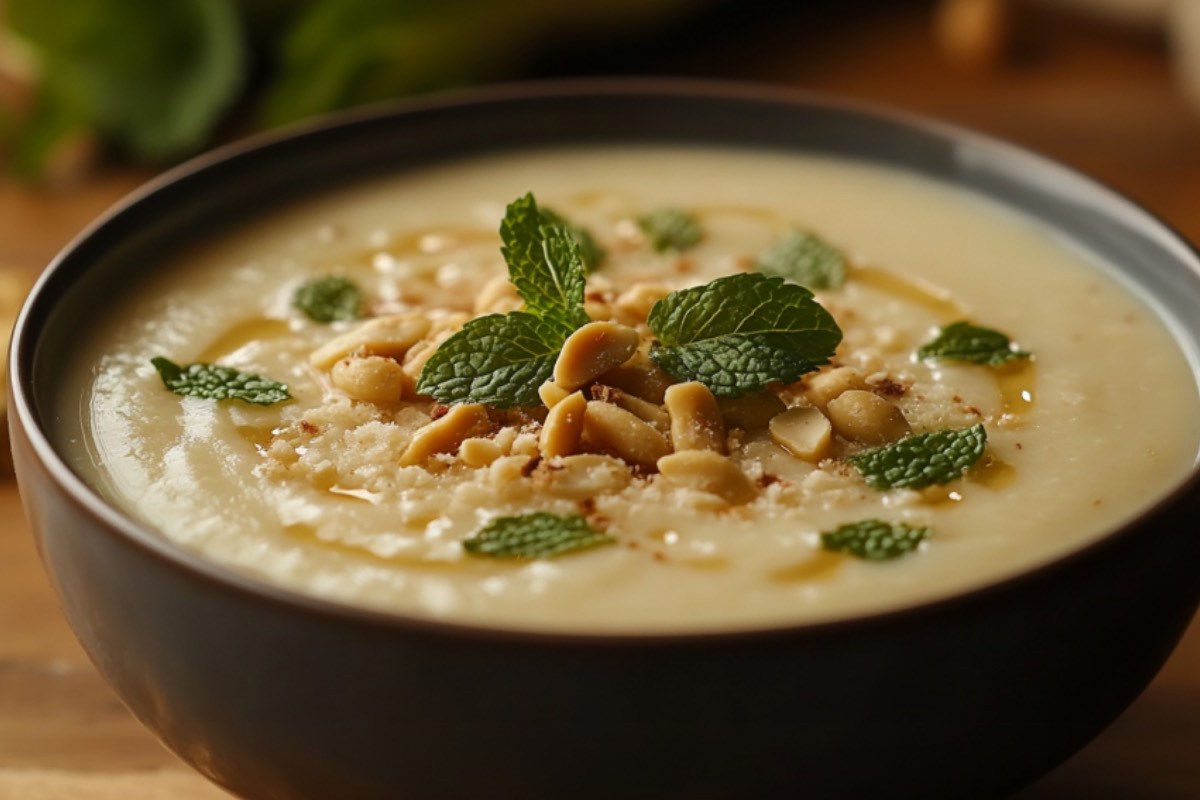 Eine Schüssel Kohlrabi-Kokos-Suppe mit Erdnüssen und Minze.