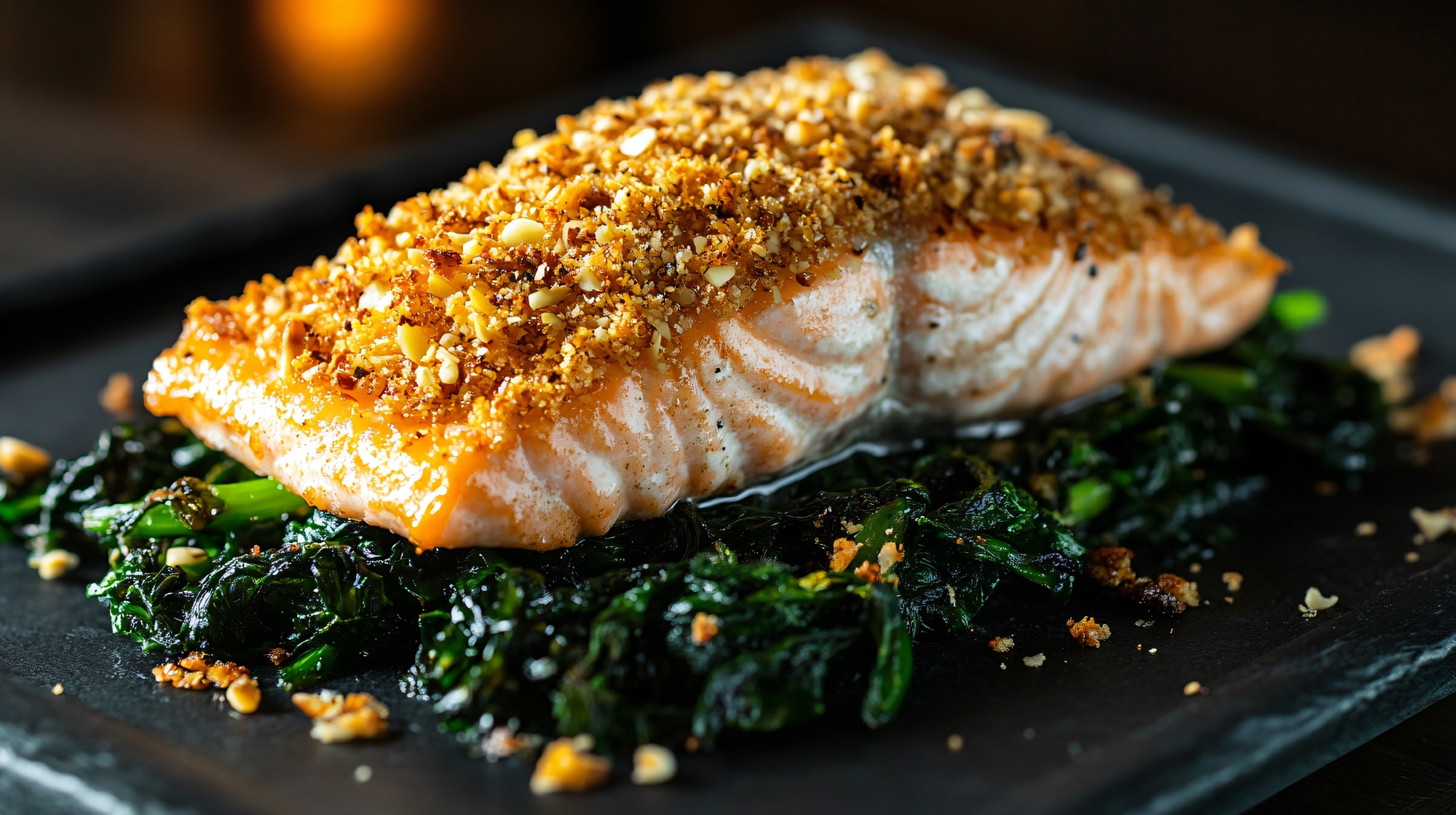 Lachs mit Mandelkruste auf Spinat: Fisch zu Weihnachten - Leckerschmecker
