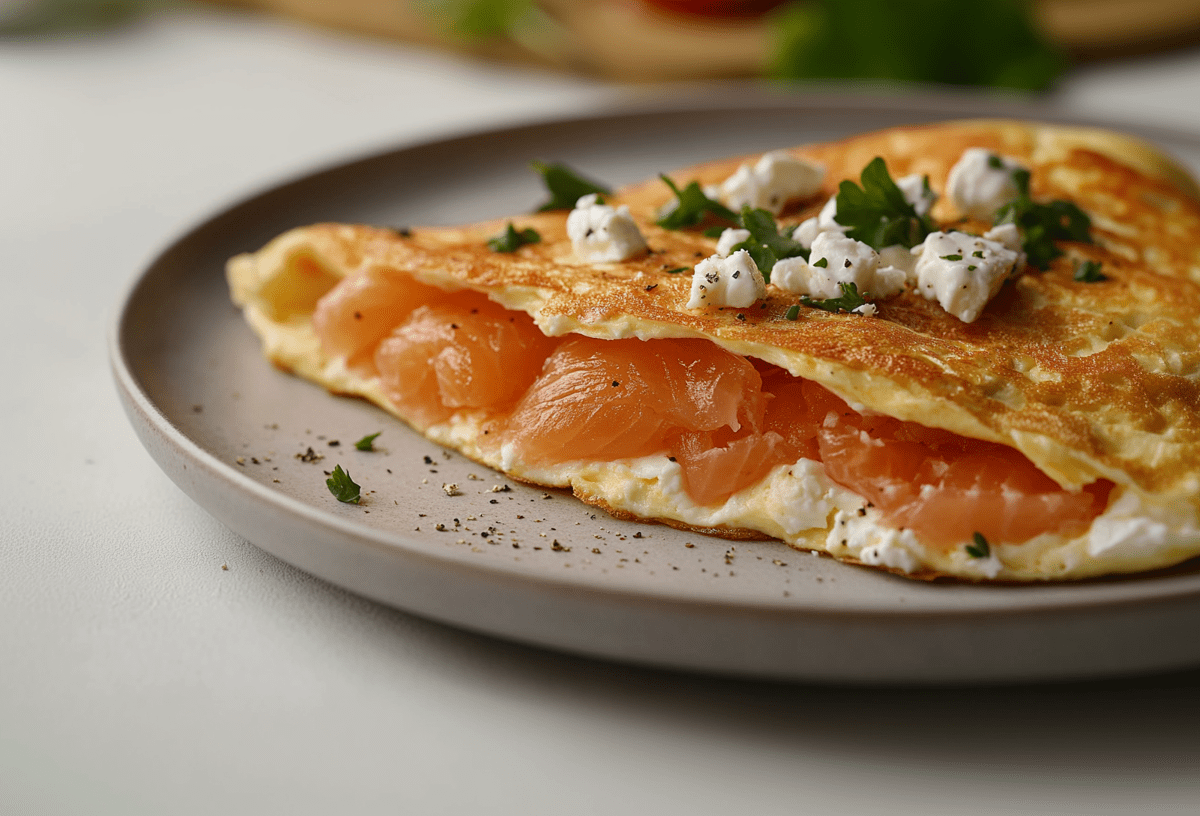 Ein Omelett mit Lachs und Feta auf einem Teller, im Hintergrund unscharf einige Zutaten.