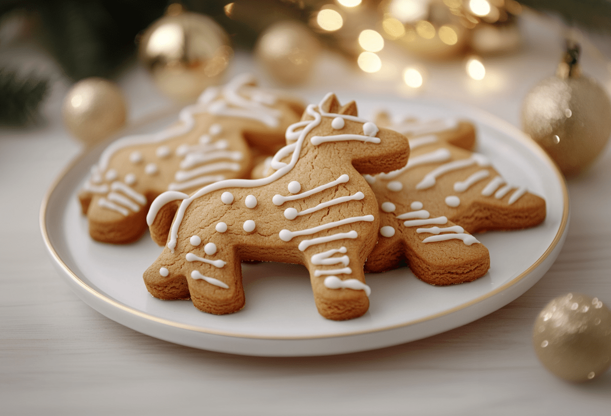 Ein Teller Pepparkakor, schwedische Gewürzplätzchen, in Form von Pferden. Drumherum etwas Weihnachtsdeko.