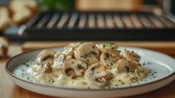 Ein Teller Rahmchampignons vom Raclette, im Hintergrund unscharf ein Raclettegrill.