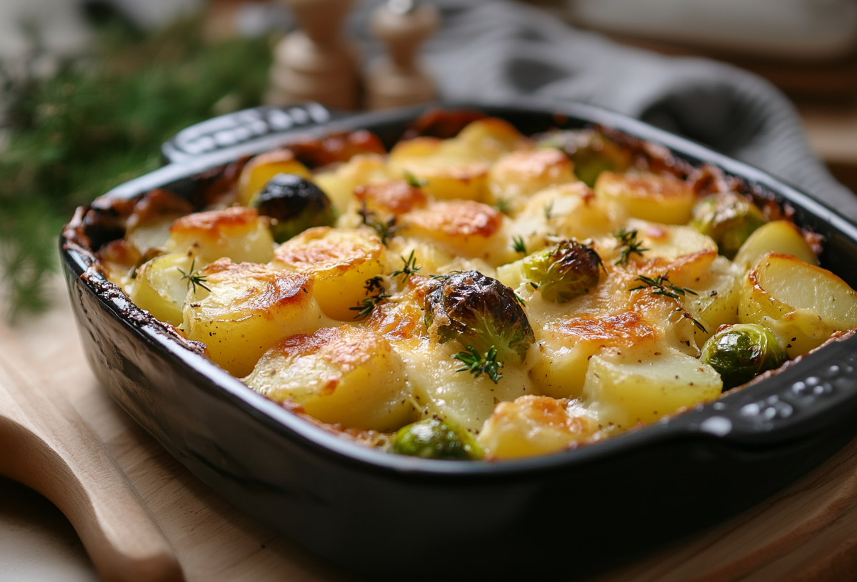 Rosenkohl-Kartoffelauflauf mit Käse überbacken in dunkler Auflaufform.